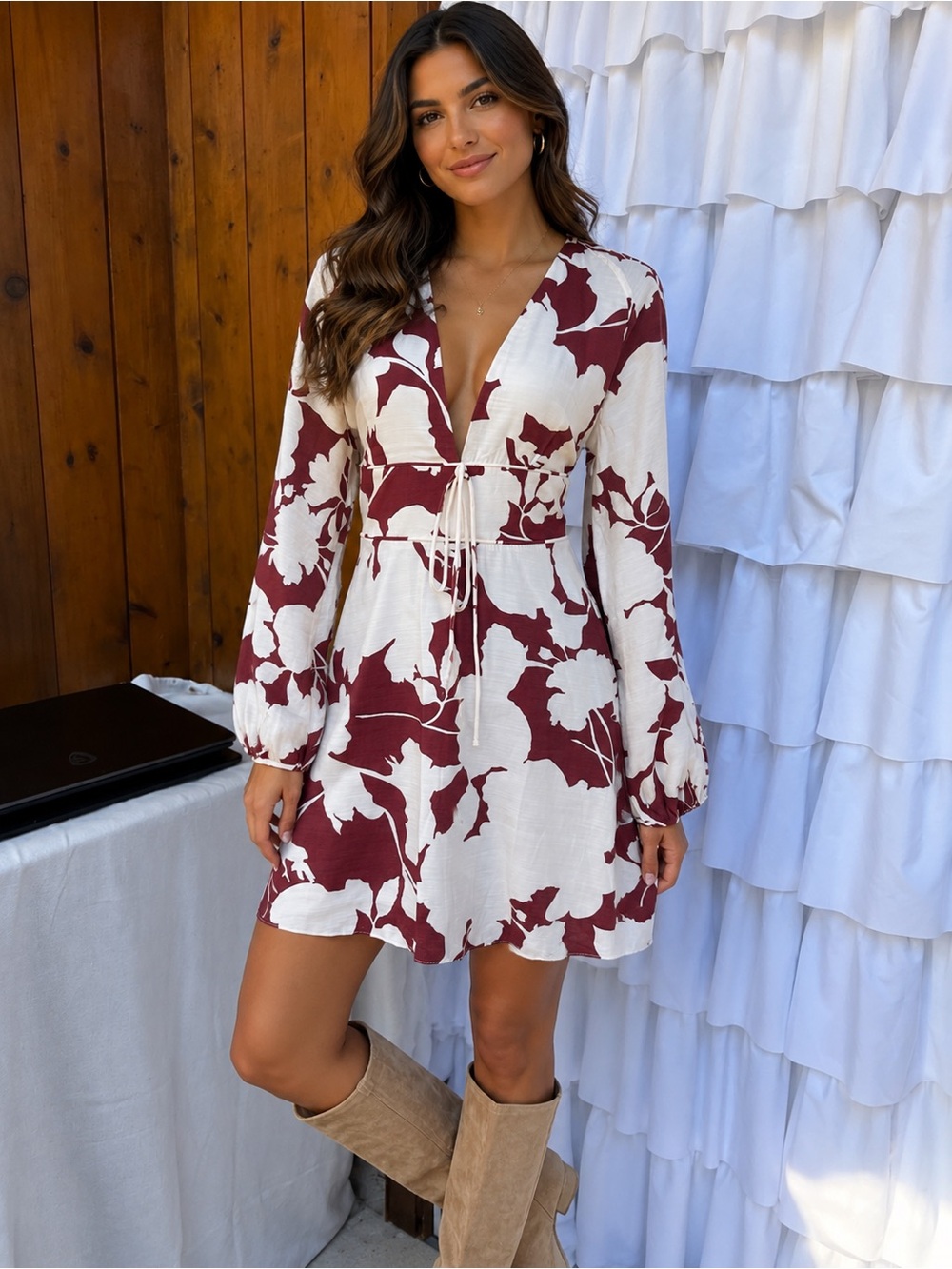H&M Cream and Burgundy Floral Tie-Front Mini Dress